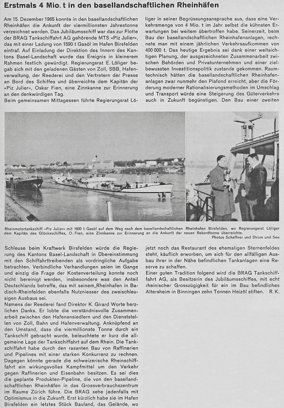 4 millionste Tonne mit PIZ JULIER in den basellandschaftlichen Rheinhäfen